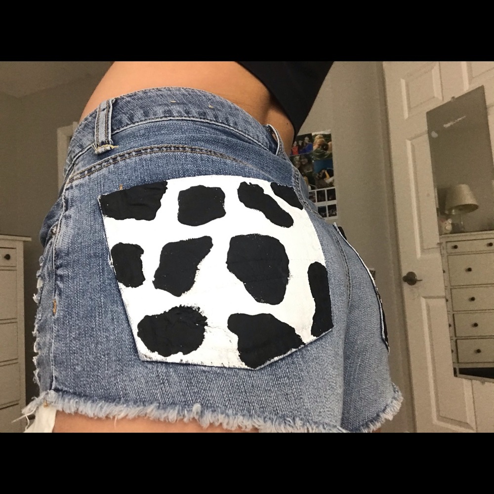 american eagle painted cow print denim shorts